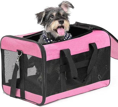 Dog Carrier Soft Sided, Large Cat Carrier with Inner Safety Leash, Pet Transport Carrier for Large Cats and Medium Dogs up to 20 Lbs, Collapsible Travel Puppy Carrier Bag -Pink L