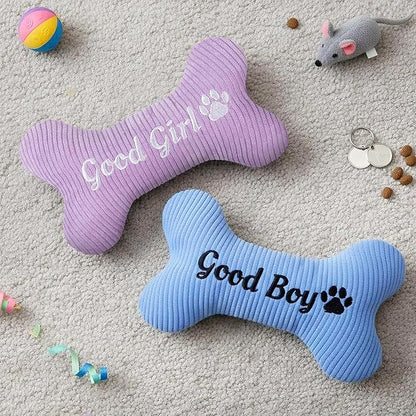 2026 Squeaky Dog Toys, Embroidered Bone Shape Purple Corduroy Pet Pillow 8"x5", Plush Soft Cotton Filled Cute Fun Dog Chew Puzzle Toy Birthday for Small Medium Dogs(Good Girl)