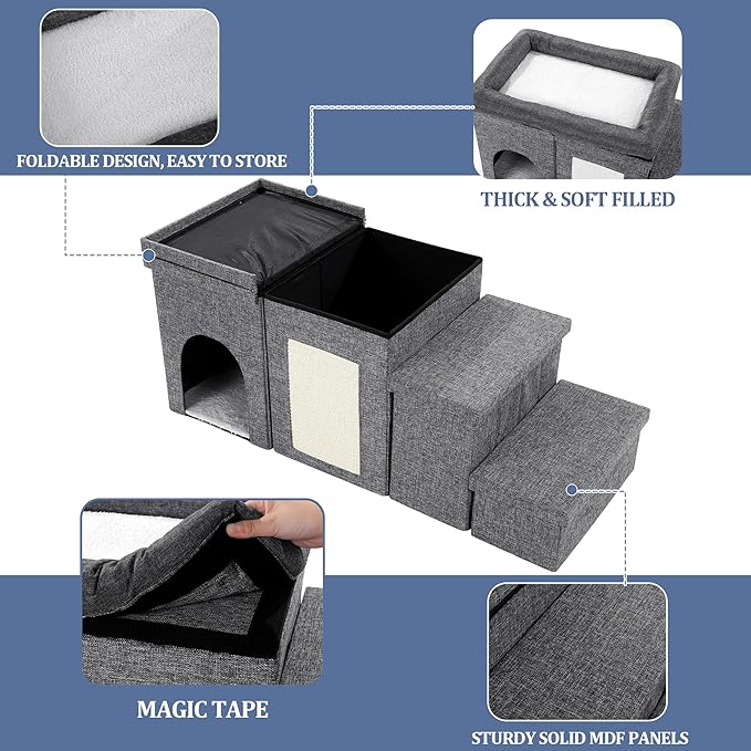 MABOZOO Window Perch, 3 Tiers 18''H Bedside Bed Stairs With Level Platform and Storage, Foldable Pet Stairs for Bed and Couch, Steps for Small, Medium, Large Dog, Cat or Pets
