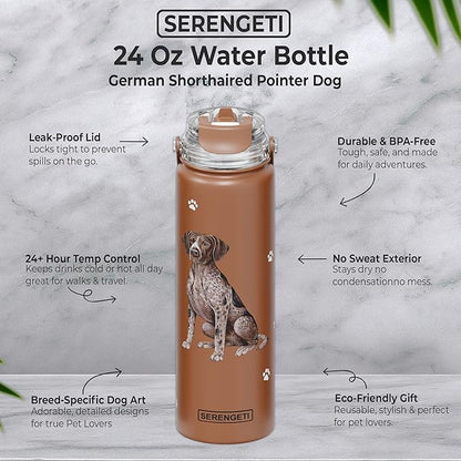 E&S Pets SERENGETI 24 Oz Water Bottle Stainless Steel with Spill Proof Lid - Double walled Vacuum Insulated water flask - Realistic 3D Print of your favorite dog (German Shorthaired)
