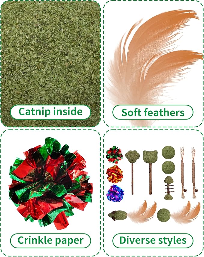 PET SHOW 12 Pack Catnip Toys for Indoor Cats Crinkle Toy Balls Natural Silvervine Sticks Interactive Catnip Fether Balls Cat Nip Mice&Fish Kitten Paw Lollipops Organic Chew Toys Kitty Teething Toy
