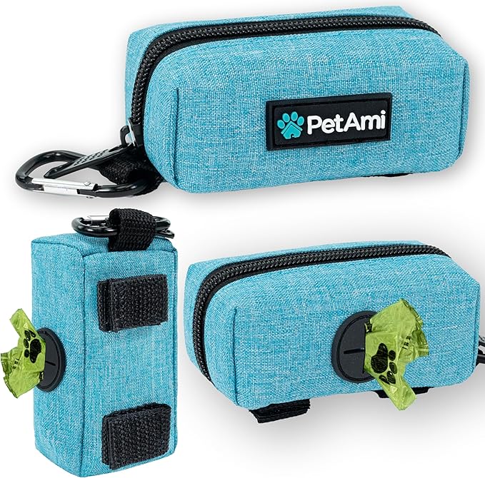 PetAmi Dog Poop Bag Holder & Waste Bag Dispenser with Clip-On Pouch Includes 1 Roll of Pet Waste Bags Portable Dog Walking Accessories for Leash, Belt or Backpack, Blue
