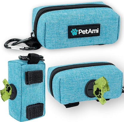 PetAmi Dog Poop Bag Holder & Waste Bag Dispenser with Clip-On Pouch Includes 1 Roll of Pet Waste Bags Portable Dog Walking Accessories for Leash, Belt or Backpack, Blue