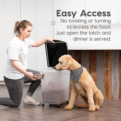 IRIS USA Airtight Dog Food Storage Container, WeatherPro, Up to 50 lbs, Removable Wheels, for Dog Cat Bird and Other Pet Food Storage Bin, Keep Fresh, Translucent Body, Made in USA, Clear/Black
