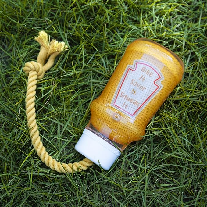 Fuzzl TPR Ketchup & Mustard TPR Rubber Dog Toy - Rope Chew Toy Set 2 - Tough Toy