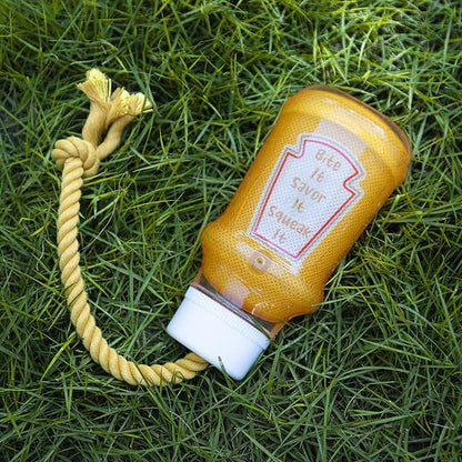 Fuzzl TPR Ketchup & Mustard TPR Rubber Dog Toy - Rope Chew Toy Set 2 - Tough Toy