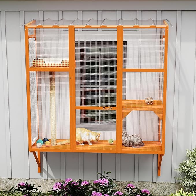 PawHut Outdoor Catio, Cat Window Catio Box Enclosure for 2-3 Large Indoor Cats with 2 Jumping Platforms, Scratching Post, for Playing, Sunbathing, Napping, Cat Window Perch for Enjoying Sights, Orange