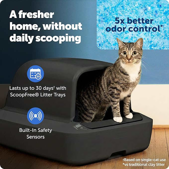 PetSafe ScoopFree Crystal Pro Self-Cleaning Cat Litter Box System – Enclosed Front-Entry – Advanced Odor Control – Includes 1 Disposable Crystal Litter Tray – Black (ZAL00-18159)