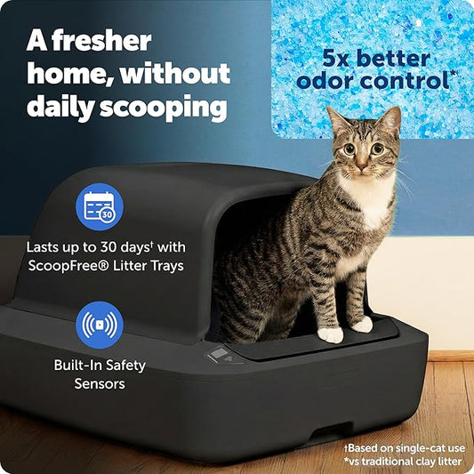 PetSafe ScoopFree Crystal Pro Self-Cleaning Cat Litter Box System – Enclosed Front-Entry – Advanced Odor Control – Includes 1 Disposable Crystal Litter Tray – Black (ZAL00-18159)