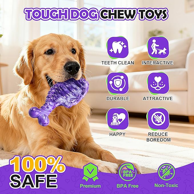 Dog Chew Toys for Aggressive Chewers,3 PCS Tough Dog Toys for Medium and Large Breed, Real Bacon Flavored Best Dog Toys to Keep Them Busy, Reduce Boredom, Hard Dog Bones for Teeth Cleaning (Purple)