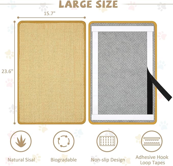 Carpet Cat Scratching Mat Sisal, 2 Packs Sisal Fabric Large 23.6" x 15.7" Scratching Pad for Indoor Cats with Adhesive Hook Loop Tape, Cat Scratching Rug Wall Scratchers for Indoor