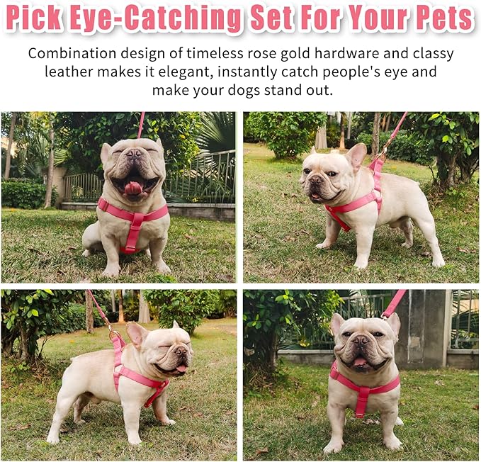 Soft Leather No Pull Dog Harness - Adjustable Step in Dog Harness with Rose Gold Heavy Duty Metal Buckle, Freedom Nylon Dog Halter Vests for Small Medium Large Dogs Easy Walking Training L, Dark Pink