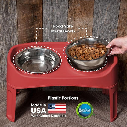 IRIS USA Adjustable Elevated Dog Bowls, Raised Feeder with 2 Stainless Steel 64 oz Bowls, Spill-Guard Rim, 12.25" or 4.63" Heights, Durable Plastic, Made in USA, Red
