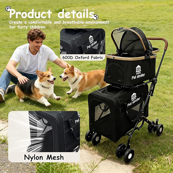XL Extra-Large Double Pet Stroller, Running&Travel Pet Cart with Weather Cover, Cat&Dog Stroller for Large/Medium/Small Pets, Outdoor Pet Supplies
