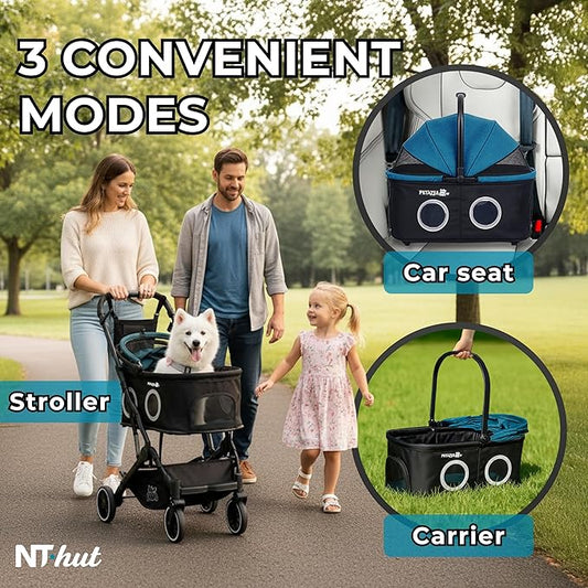 NT Hut WagZee Dog Stroller for Small & Medium Dogs & Cats, Foldable Pet Stroller with 360 Mesh Windows, One-Click Fold, Storage Basket, Cup Holder, Black Teal