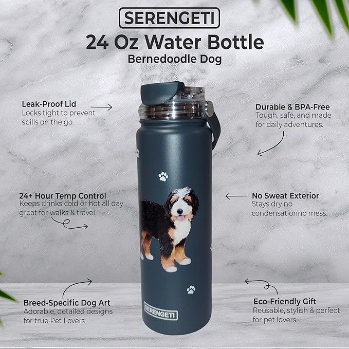 E&S Pets SERENGETI 24 Oz Water Bottle Stainless Steel with Spill Proof Lid - Double walled Vacuum Insulated water flask - Realistic 3D Print of your favorite dog (Bernedoodle)