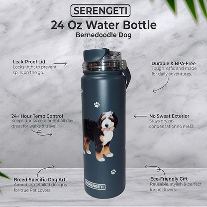 E&S Pets SERENGETI 24 Oz Water Bottle Stainless Steel with Spill Proof Lid - Double walled Vacuum Insulated water flask - Realistic 3D Print of your favorite dog (Bernedoodle)