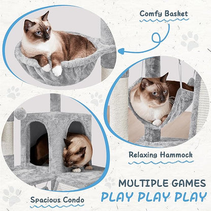 Yaheetech Cat Tree Tower, 40-Inch Condo with Hammock, Oversized Soft Platform, Scratching Board, Basket, Pet Beds & Furniture for Large Kittens, Light Gray