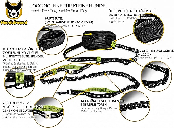 Hundefreund Hands-Free Leash for Small Dogs Under 30 lbs – Lightweight Waist Leash with Soft Bungee (43–63"), Padded Belt (26–47") & Pouch – Dual Handles, Reflective Stitching for Walking & Jogging