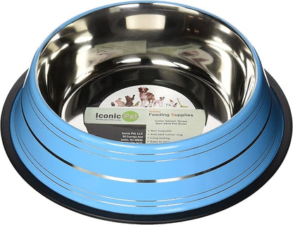Iconic Pet Color Splash Stripe Non-Skid Stainless Steel Dog & Cat Bowl - Blue, 64 Oz, 8 Cup, Durable, Easy to Clean, Anti-Slip Feeding Dish for Food & Water, Stylish Design for Dogs and Cats