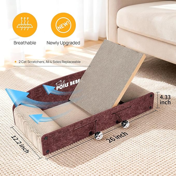 Poils Bebe 26 Inch Sofa Cat Scratcher, Small Cat Scratcher Cardboard with Bell Balls, Durable Couch Lounger for Indoor Cats, Cat Scratch Furniture Protector with Catnip, Cat Toys