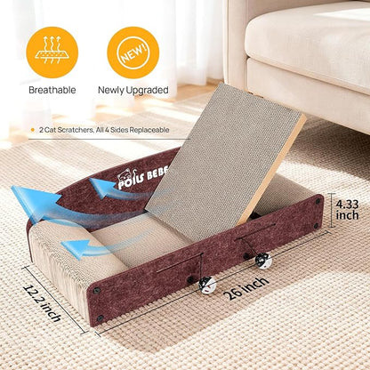 Poils Bebe 26 Inch Sofa Cat Scratcher, Small Cat Scratcher Cardboard with Bell Balls, Durable Couch Lounger for Indoor Cats, Cat Scratch Furniture Protector with Catnip, Cat Toys