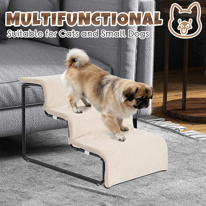 Stairs for Dogs to get on Bed 3-Step Pet Ramp for High Beds Sponge Dog Ramp Non-Slip Washable Cover The Sturdy Iron Frame with Anti-Slip Points Ideal for Small Dogs Cats Senior Pets with Joint Issues