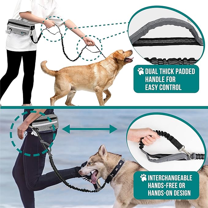 PetAmi Hands Free Dog Leash, Running Leash Belt Walking, Jogging, Waist Zipper Pouch with Poop Bag Dispenser, Dual Padded Handles, Reflective Durable Bungee Single, Heather Grey, 1 Leash