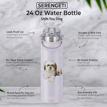 SERENGETI 24 Oz Water Bottle Stainless Steel with Spill Proof Lid - Double walled Vacuum Insulated water flask - Realistic 3D Print of your favorite dog (Shih Tzu)