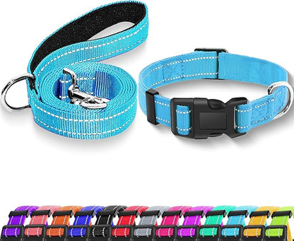 Reflective Dog Collar with Safety Locking Buckle, Adjustable Soft Breathable Nylon Collars for Small, Medium and Large Dogs(Collar+Leash XS Width 3/8" Sky Blue)