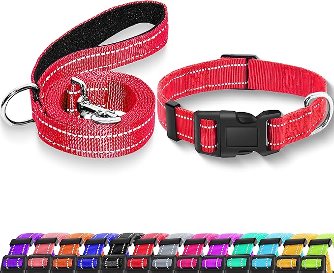 Reflective Dog Collar with Safety Locking Buckle, Adjustable Soft Breathable Nylon Collars for Small, Medium and Large Dogs(Collar+Leash S Width 5/8" Red)