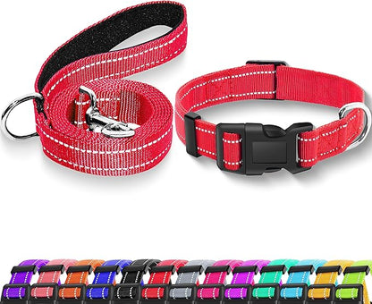 Reflective Dog Collar with Safety Locking Buckle, Adjustable Soft Breathable Nylon Collars for Small, Medium and Large Dogs(Collar+Leash S Width 5/8" Red)