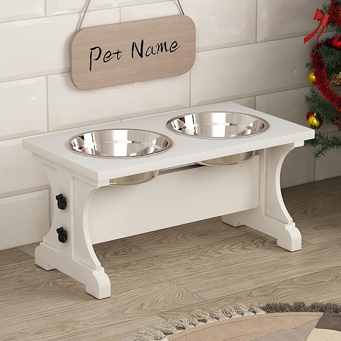 Piskyet Farmhouse Dog Bowls Stand, Elevated Dog Bowl with 2 Stainless Steel Wooden Bowls, 3.5Cups 8.6" H - 30 oz White