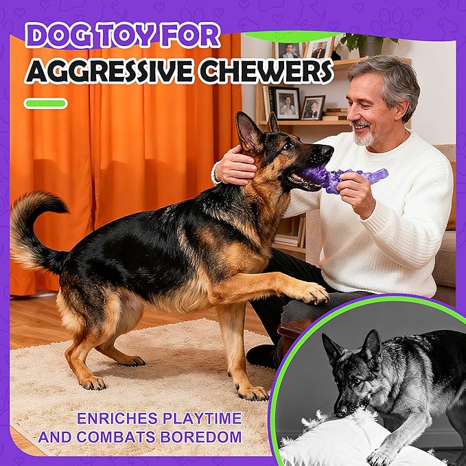 Dog Chew Toys for Aggressive Chewers,3 PCS Tough Dog Toys for Medium and Large Breed, Real Bacon Flavored Best Dog Toys to Keep Them Busy, Reduce Boredom, Hard Dog Bones for Teeth Cleaning (Purple)