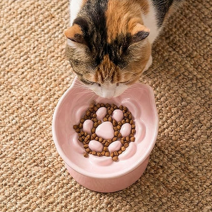 Macarons Series Ceramic Slow Feeder Cat Bowl, Raised Puzzle Feeder, Anti Vomiting Cat Slow Feeding, Elevated Food Bowl, Whisker Friendly Pet Bowl with Cute Ear Design (Gradient Pink)