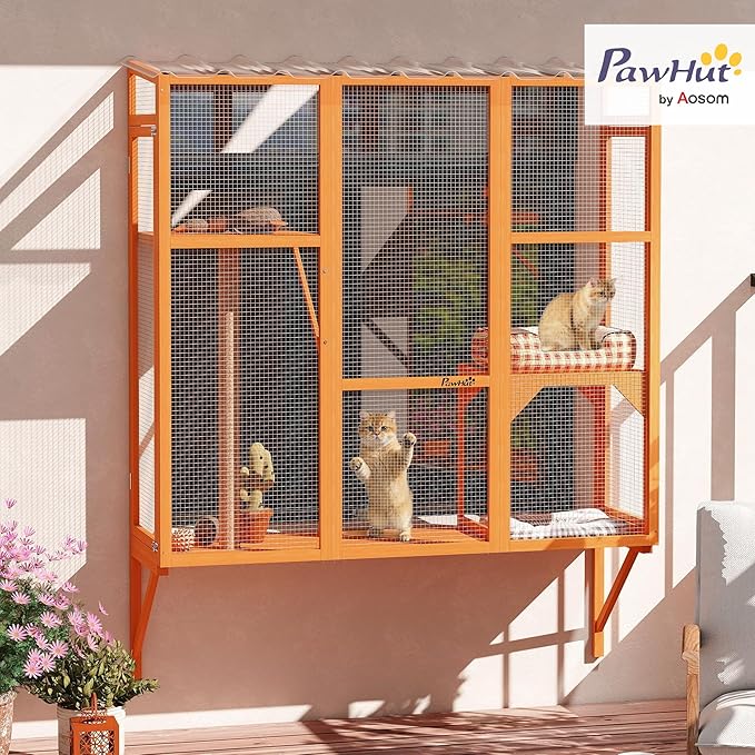 PawHut Outdoor Catio, Cat Window Catio Box Enclosure for 2-3 Large Indoor Cats with 2 Jumping Platforms, Scratching Post, for Playing, Sunbathing, Napping, Cat Window Perch for Enjoying Sights, Orange