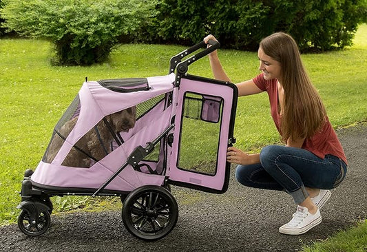 Pet Gear NO-Zip Pet Stroller with Dual Entry, Push Button Zipperless Entry for Single or Multiple Dogs/Cats, Pet Can Easily Walk in/Out, No Need to Lift Pet, Gel-Filled Tires