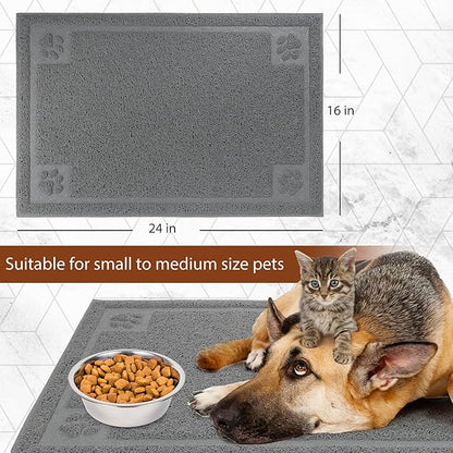 Prime Pets Pet Feeding Mat for Large Dogs and Cats, 24”x 16”, Flexible and Waterproof Dog Food Mat for Food and Water Bowl, Dog Bowl Mat with Non Slip Backing for Floor, Grey