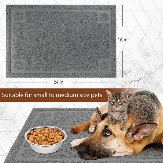 Prime Pets Pet Feeding Mat for Large Dogs and Cats, 24”x 16”, Flexible and Waterproof Dog Food Mat for Food and Water Bowl, Dog Bowl Mat with Non Slip Backing for Floor, Grey