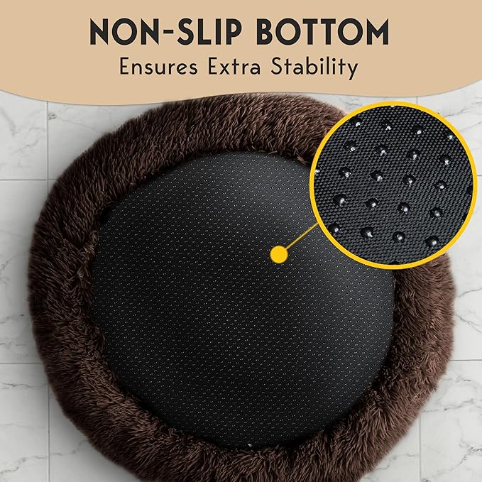 PetJett Dog Beds Large Sized Dog - 36'' Calming Round Bed, Anti-Slip & Washable Super Soft Donut Bed, Fluffy Faux Fur Anti-Anxiety Premium Comfort Pet Bed, Fits Dogs up to 80 lbs - Brown