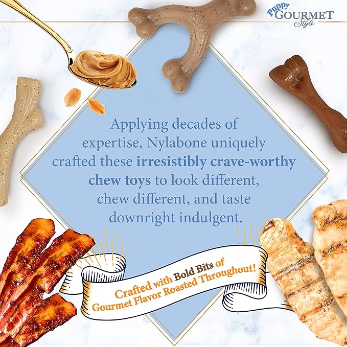Nylabone Gourmet Style Femur & Wishbone Strong Chew Toy for Puppies, Puppy Teething Toy, Bacon & Peanut Butter Flavor, Small Dogs - Up to 25 Ibs, 2 Pack