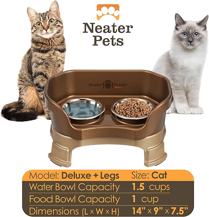 Neater Feeder Deluxe Mess-Proof Elevated Cat Bowls, 2 Height Adjustable (6” & 7.5”) No-Spill Raised Cat Bowl Stand, Whisker Friendly Stainless Steel Dishes for Indoor Cats, Made in USA, Bronze