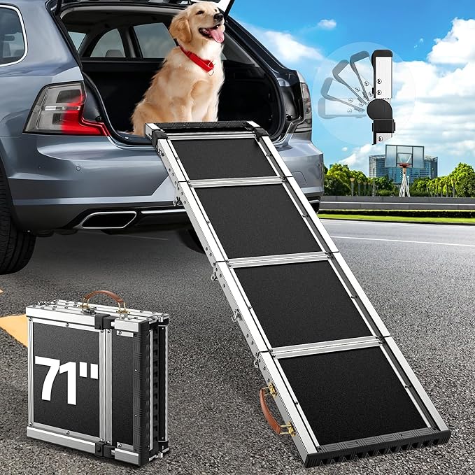 Foldable Dog Car Ramp for Large Dog (80-200 lbs), Extra L71” W17” Folding Pet Ramp with Heavy Duty Steel Hinges, Anti-Slip Outdoor Dog Ramps for Car SUV Truck Side Door (5 Folded)