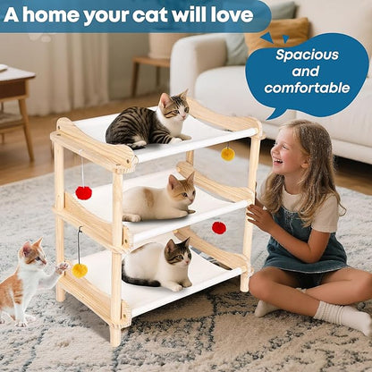 Large 3-Layer Cat Hammock Bed, 24"x15.7"x26.8" Elevated Cat Bed with Pine Wood Frame, Breathable Washable Covers, Wooden Pet Furniture for Indoor Cats and Small Animals(White, 3-Tier)
