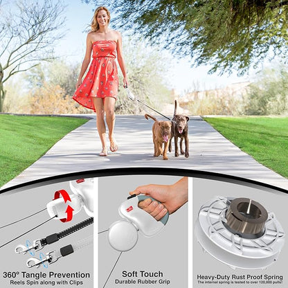WIGZI - 2025 Enhanced Edition - Dual (2) Dog Retractable Leash, Auto-Untangles, Supports Up to 50lb Dogs, 10ft Distance Each Dog, Color-Coded Control, Reflective Leads, Waterproof (White)