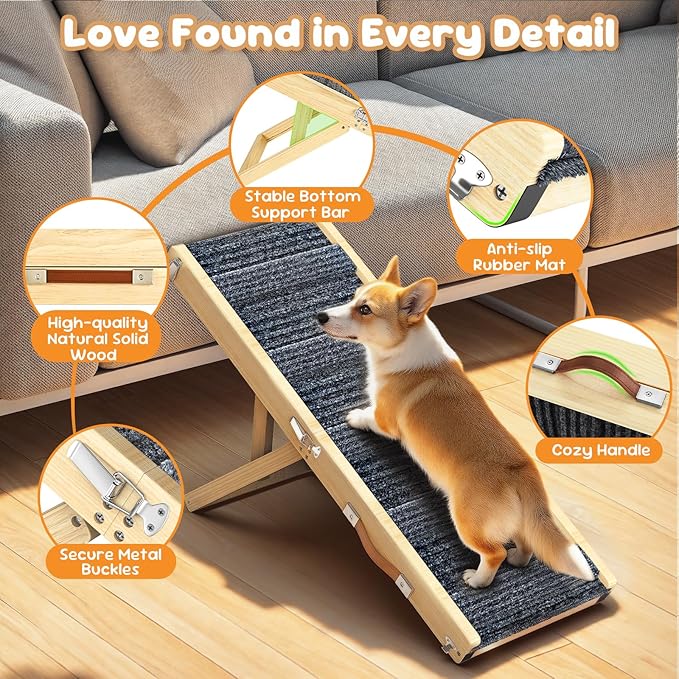 Pawaboo Foldable Dog Ramp, Small Dog Ramp for Couch Low Bed, 4 Adjustable Height from 13'' to 21", Stable Pet Steps with Non-Slip Pad, Portable Pet Ramps Use for Couch Sofa Stairs, Wood