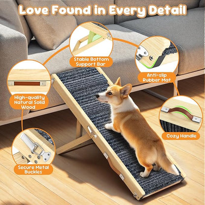 Pawaboo Foldable Dog Ramp, Small Dog Ramp for Couch Low Bed, 4 Adjustable Height from 13'' to 21", Stable Pet Steps with Non-Slip Pad, Portable Pet Ramps Use for Couch Sofa Stairs, Wood