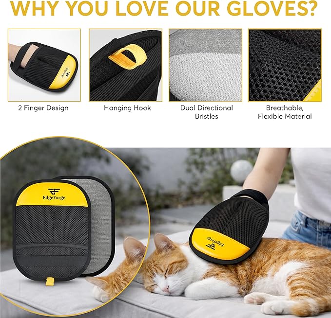 2 Pack Pet Hair Removal Glove for Dogs & Cats - Reusable Electrostatic Magic Brush Glove - Lint Mitt for Furniture, Couch, Carpet, Clothing, Car Seat - Dog Hair Remover Tool - Black