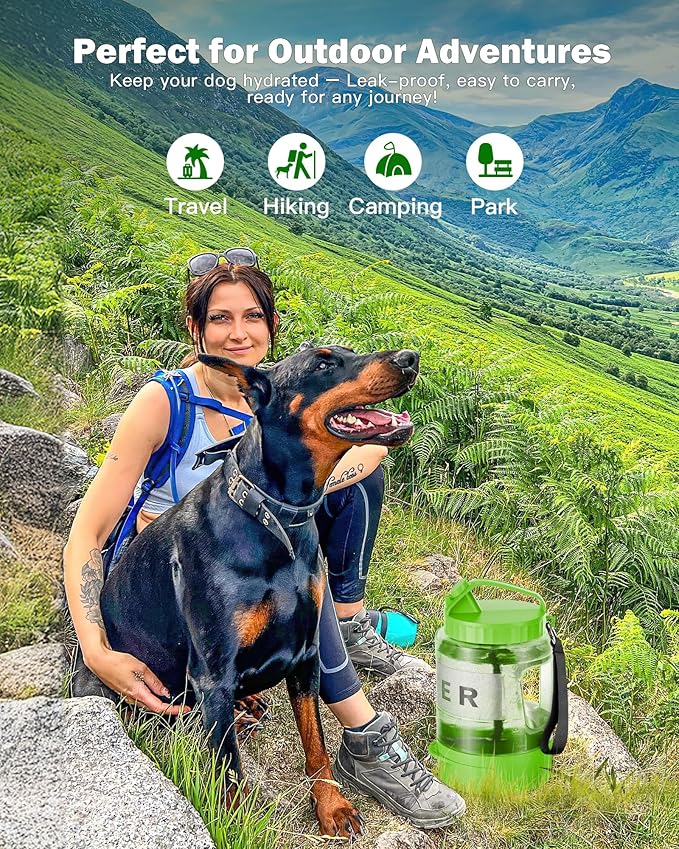 SwSun Dog Water Bottle Travel Bowl - 77oz Large Portable Dog Water Bowls Dispenser for Camping Essentials Hiking Traveling Beach Car Park Accessories, Leak Proof Pet Drinking Bottle Dispenser, Green