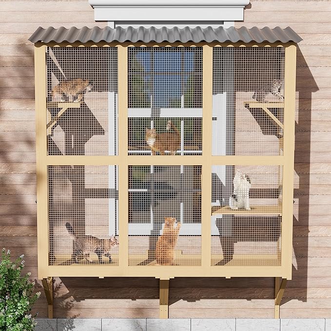 Large Catio Cat Window Box, Outdoor Cats Window Perch Enclosure for Indoor Cats with 4 Jump Platforms & 4 Doors, Kitten Cat Patio House Connected with Tunnels, All Weather Use (Natural)
